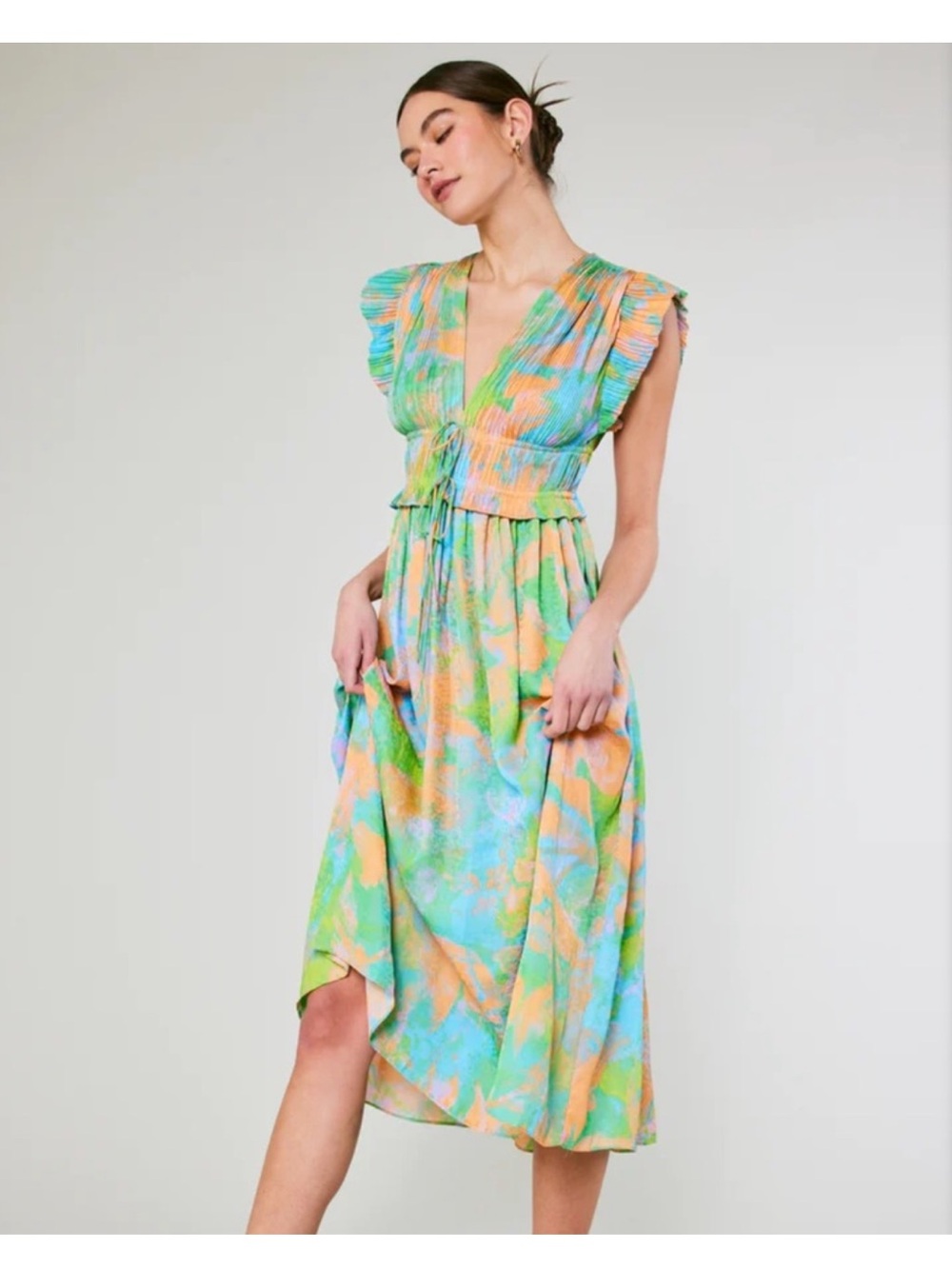 Current Air Islamorada Multicolor Pleated V-Neck Midi Dress - Picture 2 of 10